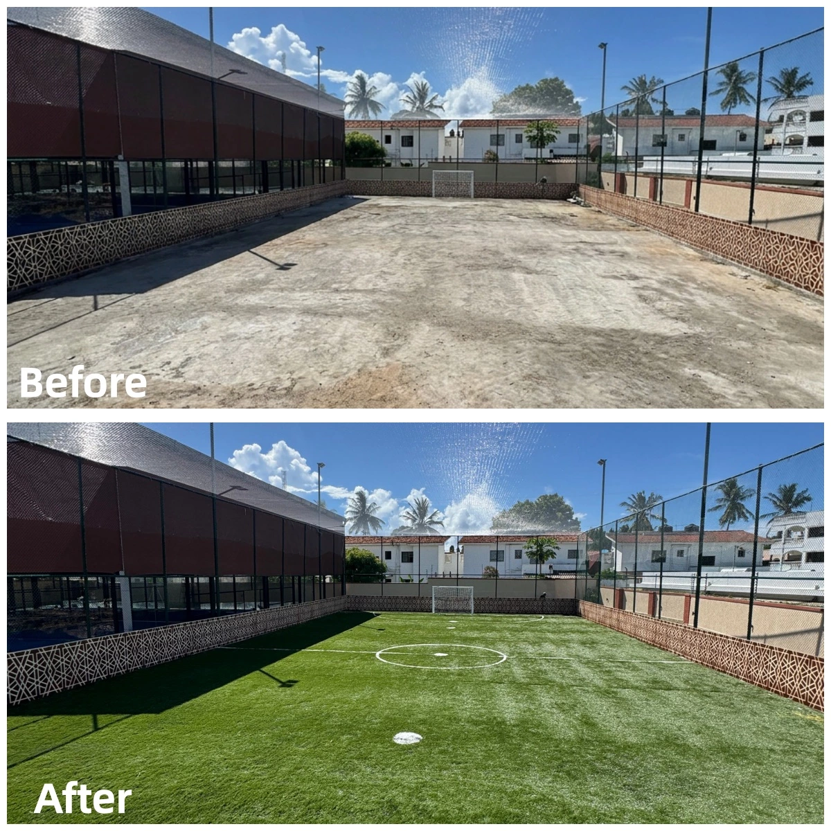 UNIGRASS artificial grass for cage football in Kenya befor vs after